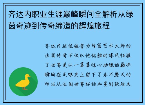 齐达内职业生涯巅峰瞬间全解析从绿茵奇迹到传奇缔造的辉煌旅程